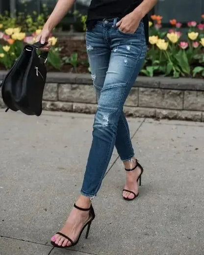 Women Jeans Denim Pencil Pants Pockets Streetwear Slim Mom Holes Punk Sexy Sheath High Waist Washing Distressed Ankle Length