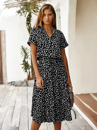 Vintage Blommig Boho Skjortklänning – Kortärmad, Lång, Nedvikt Krage, Skärp, 6 Färger, S–XL