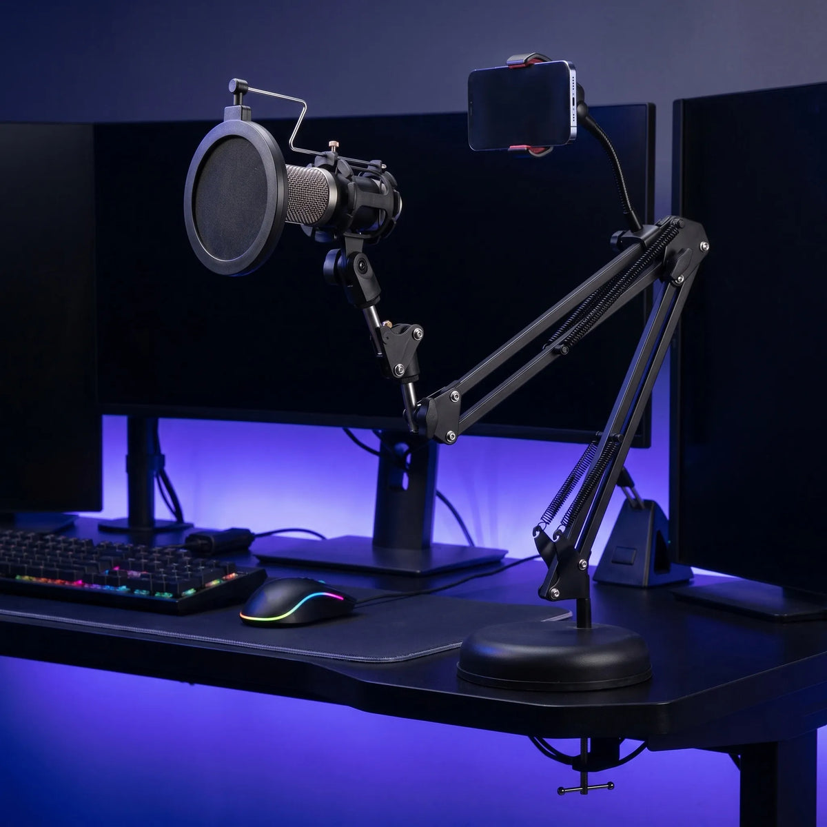 Adjustable Desktop Microphone Boom Arm Stand Dual Support Phone Holder Clip Pop Filter Suspension Mic Stand Live Studio