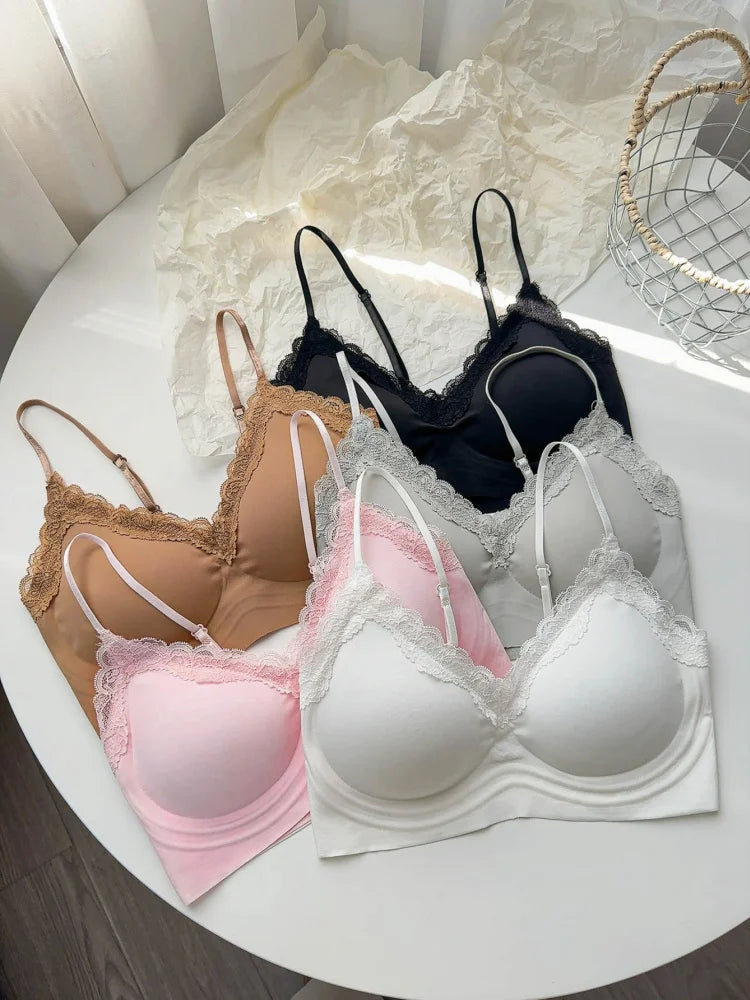 French Lace Bra V Neck Seamless Bra Women's Adjustable Thin Strap Wireless Thin Cup Layering Base Intimates Lingerie Solid S-XL