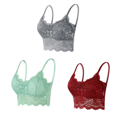 3PCS Women's Lace Bras Top Comfortable Bralette Solid Color Sexy Underwear Vest Female Hollow Out Wireless Lingerie Seamless Bra