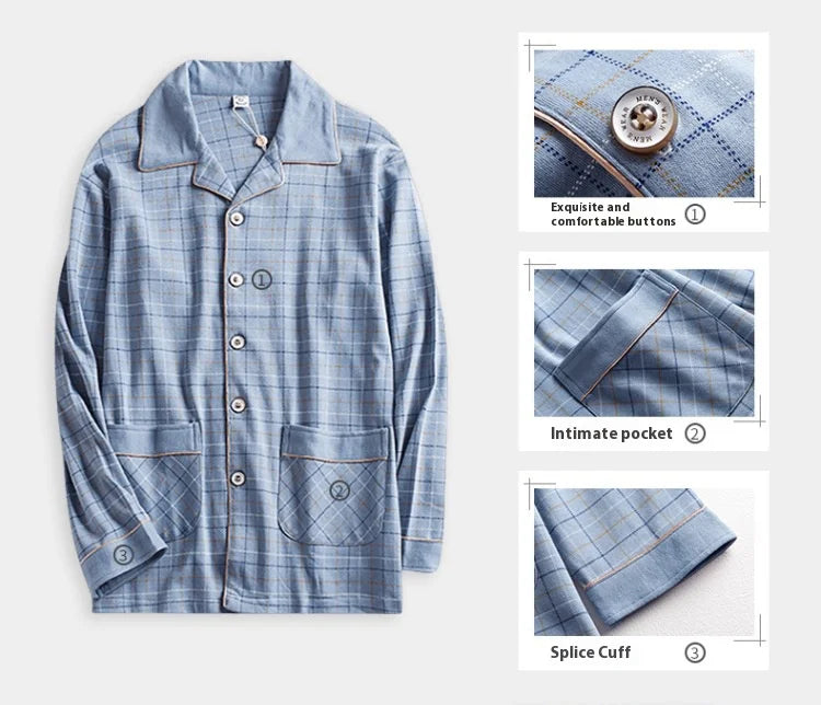Herr Pyjamas Höst & Vinter – Bomull Långärmad Cardigan Plus Size Rutig 2-delad, 4 Färger