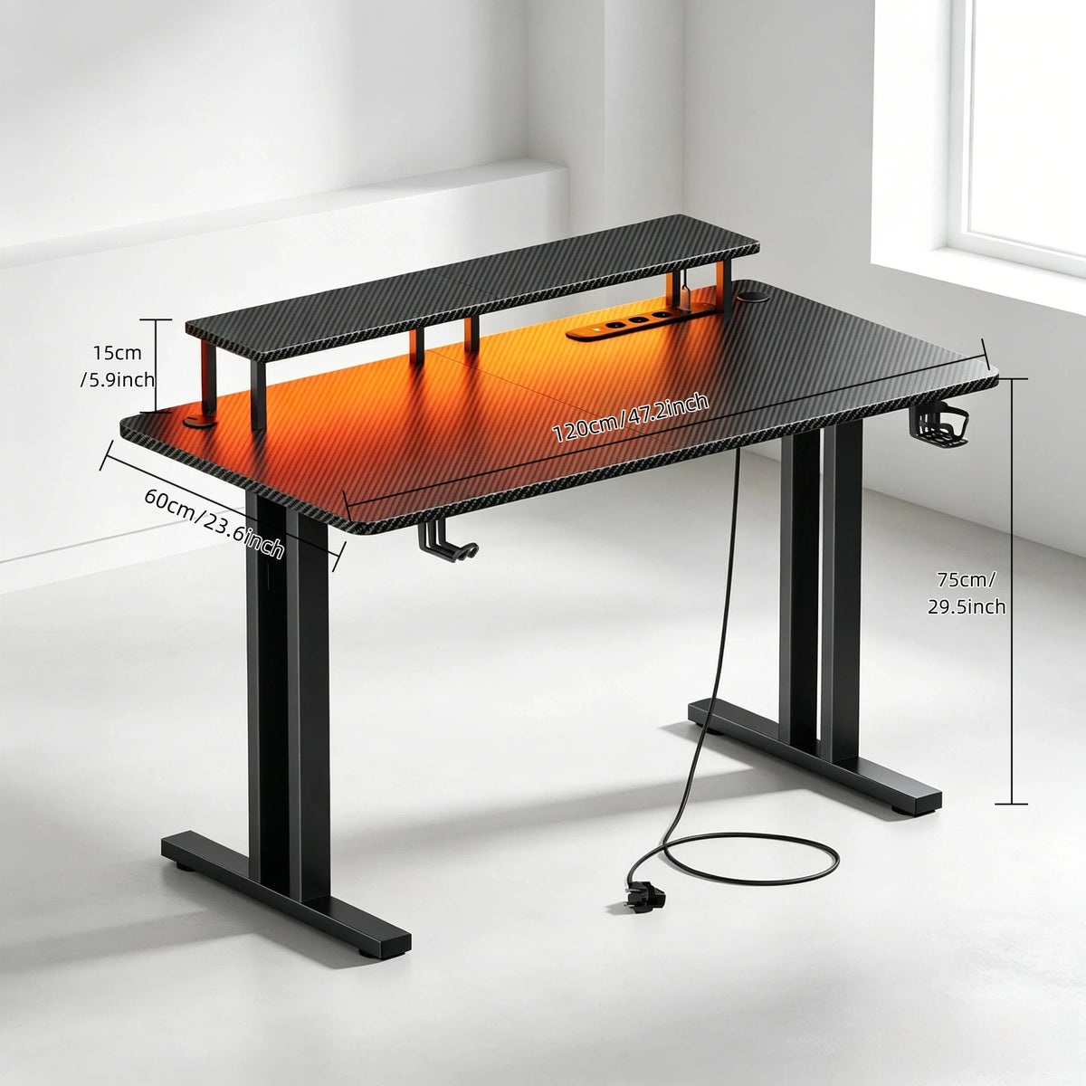 120/140/160CM Gaming Desk with LED Lights & Power Outlet, Ergonomic Carbon Fiber Computer Gamer Desk with Dual Monitor Stand,  Cup Holder & Headphone Hook, Home Office Gaming Table