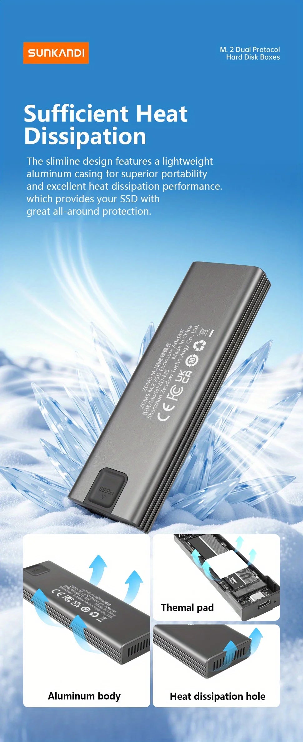 SUNKANDI M.2 NVME SATA SSD Enclosure Adapter, USB C 3.1 Gen 2 (10 Gbps) To M.2 PCIe NVMe and SATA SSDs Support for SSDs 2230
