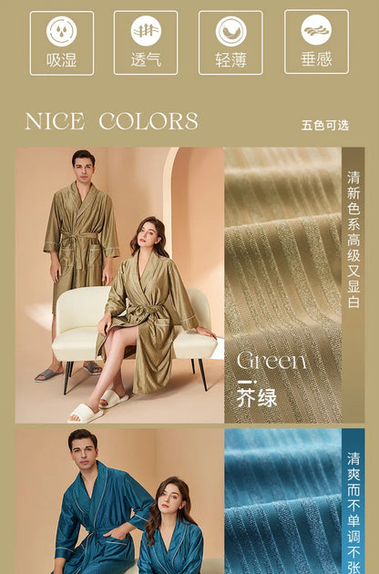 New Stripe Couple Bathrobe Cool Thin Spring Autumn Mid-Length Water Absorbent Loungewear Robe Men Women Luxury Home Nightgown