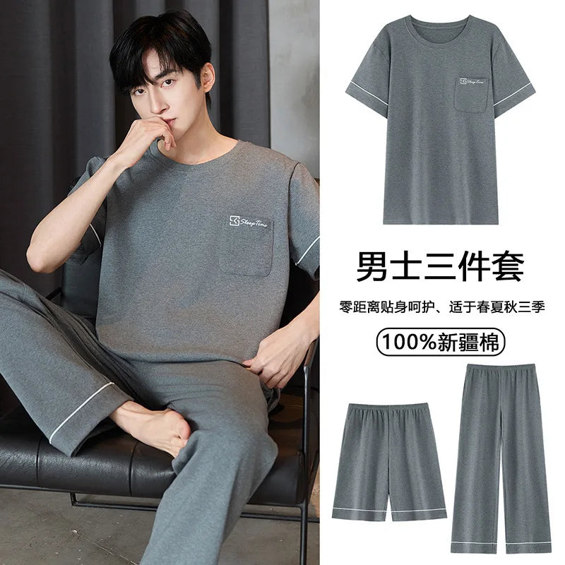 Short Sleeves & Shorts & Long Pant 3Pcs/set Cotton Nightwear for Men Summer Breathable Casual Sleepwear Male Loungewear Hombre