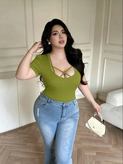 Plus Size, Fashion, Spring/Summer, Tie-front, Sexy, Seductive Style, T-shirt, Fitted, Slimming, Seductive Style
