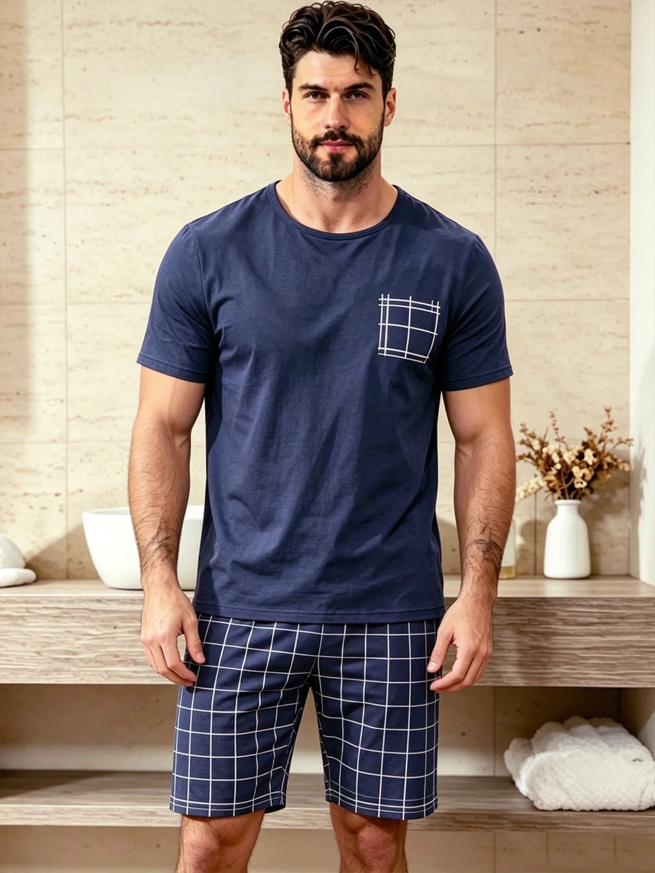 Herr Pyjamas Set Rutig – Kortärmad Topp & Shorts Hudvänlig Avslappnad, 11 Färger S–4XL