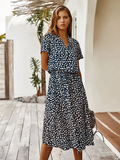 Vintage Blommig Boho Skjortklänning – Kortärmad, Lång, Nedvikt Krage, Skärp, 6 Färger, S–XL