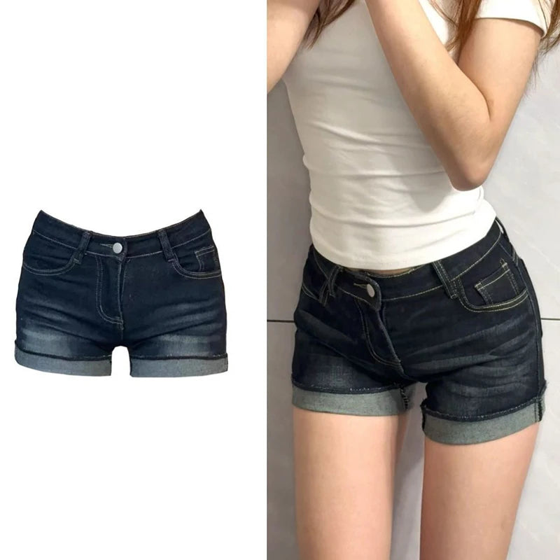 Summer Women Retro Dark Blue Hot Shorts Girls Korean Skinny Thin Denim Pants Lady Casual Fashion High Waist Short Jeans