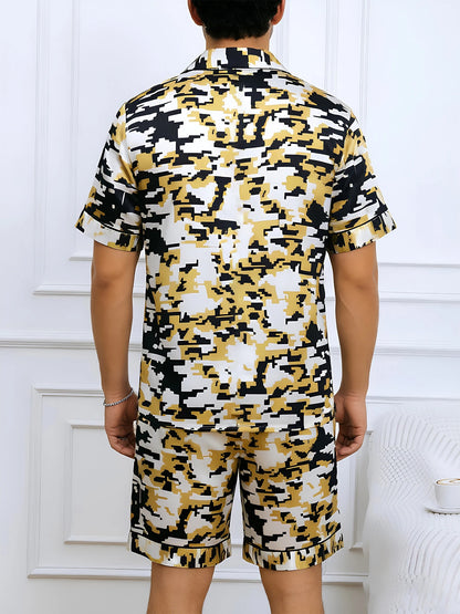 HZOIOYS randigt pyjamasset herr med satinkänsla – kortärmat, S–1XL