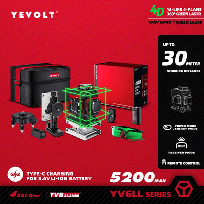 YEVOLT YVGLL4XS16 Grön Lasernivå – 4 Plan, 16 Linjer, Självnivellerande 360° 3D