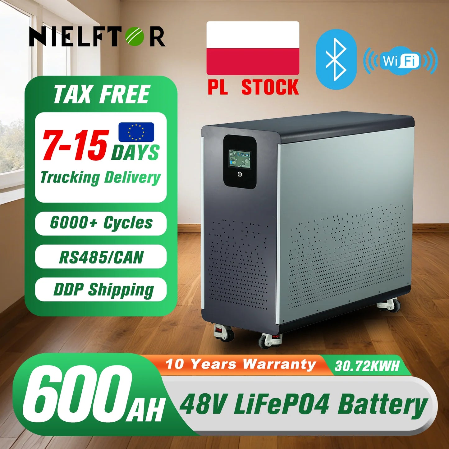48V 600Ah LiFePO4 Lithium Battery Pack 30Kwh 100Ah 120Ah 200Ah 300Ah Built-in 200A BMS 6000+ Cycle For Solar System EU PL Stock