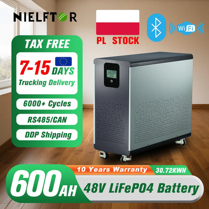 48V 600Ah LiFePO4 Lithium Battery Pack 30Kwh 100Ah 120Ah 200Ah 300Ah Built-in 200A BMS 6000+ Cycle For Solar System EU PL Stock