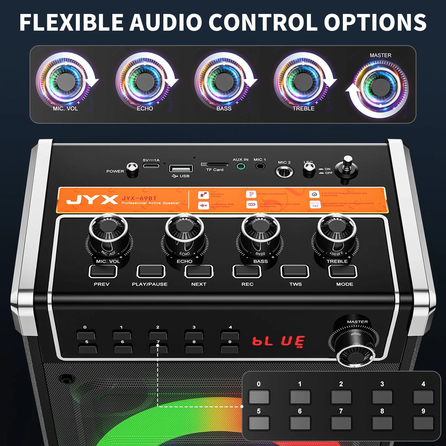69-black Karaoke Machine with 2 UHF Wireless Microphones, Bluetooth Speaker with Bass/Treble Adjustment and LED Light, PA System