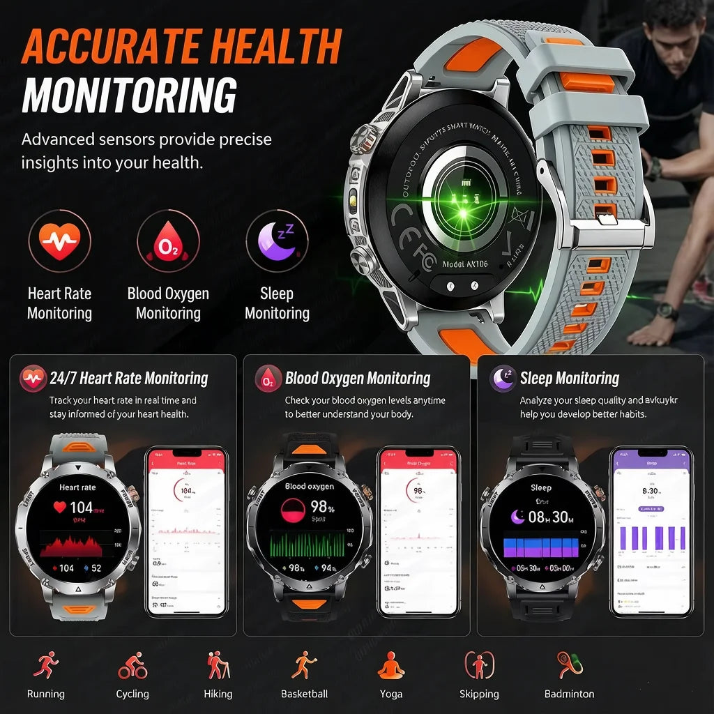 2026 1400mAh Big Battery Smart Watch Men Outdoor GPS Flashlight IP68 Waterproof Bluetooth Call AMOLED Military Sports Smartwatch