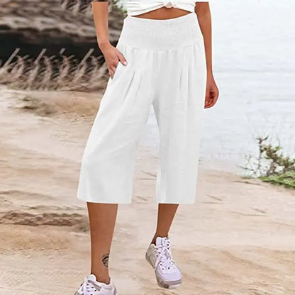 Summer 2024 Amazon Eurn women's cross-border cotton hemp seven waist pocket pocket pocket pocket wide leg pants woman
