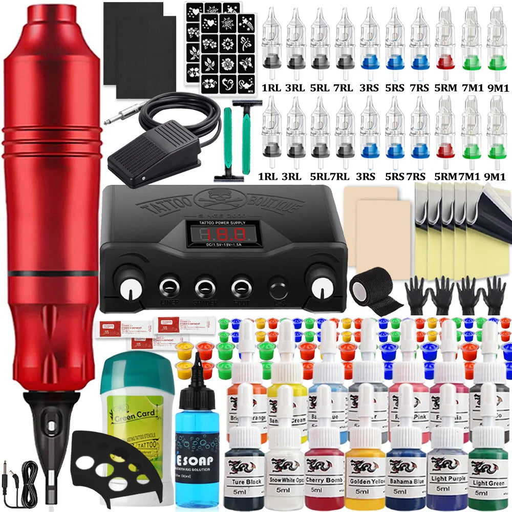 Complete Cartridge Tattoo Pen Machine Kit DC Rotary Machine Pen with Cartridge Needles Power Supply Inks for Tattoo Beginner Set