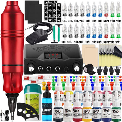 Complete Cartridge Tattoo Pen Machine Kit DC Rotary Machine Pen with Cartridge Needles Power Supply Inks for Tattoo Beginner Set