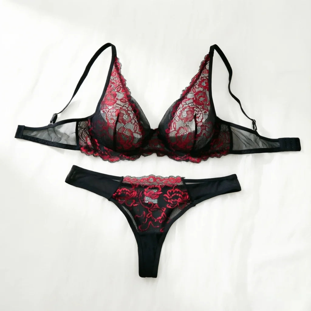 Sexig spets-BH och trosor - Svart/rött lingerieset ZA825161
