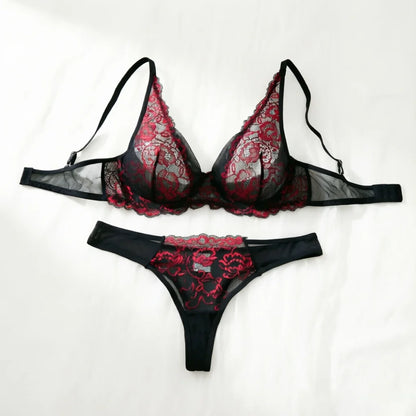 Sexig spets-BH och trosor - Svart/rött lingerieset ZA825161