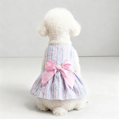 Kawaii Vertical Striped Summer Pet Clothes Soft with Bow Pet Dog Skirt Elastic Thin Dog Princess Dress