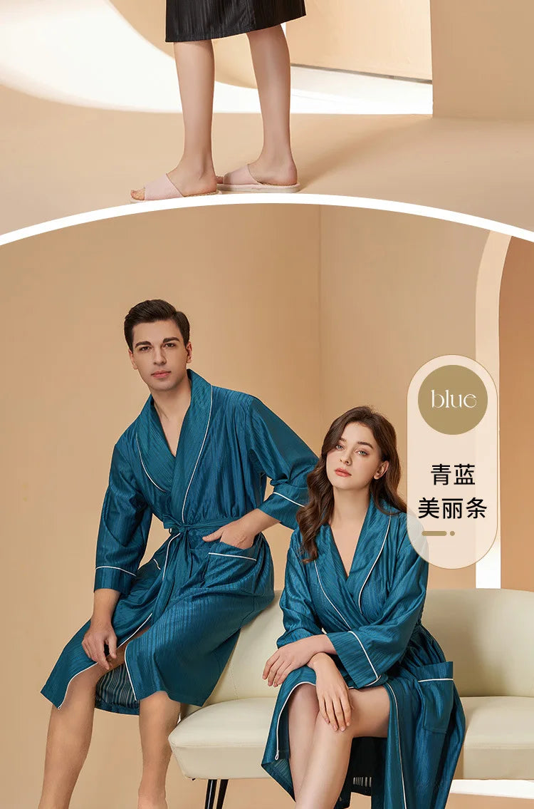 New Stripe Couple Bathrobe Cool Thin Spring Autumn Mid-Length Water Absorbent Loungewear Robe Men Women Luxury Home Nightgown