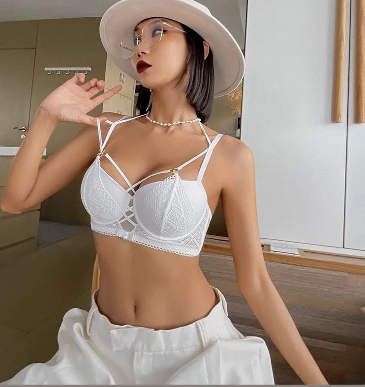 Women's Sexy Push up Lingerie Set French Lace Half Cup Bra with Garter Belt Summer Underwear Demi Bra Transparent