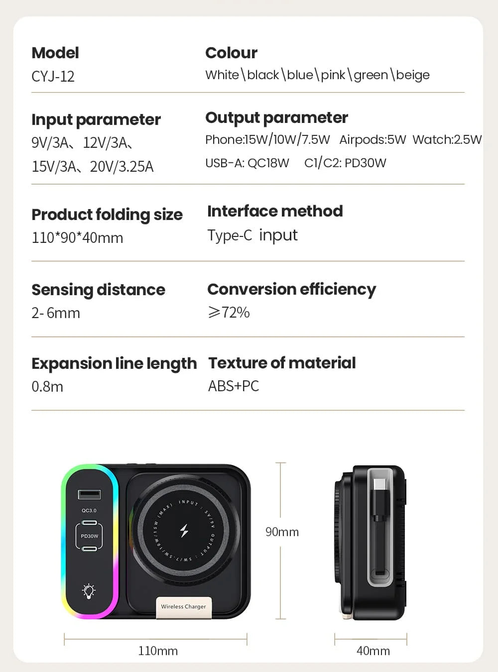 LYNXZ 8-i-1 Magnetisk Trådlös Laddstation 15W – RGB MagSafe PD30W USB-C iPhone AirPods Apple Watch Vit Svart