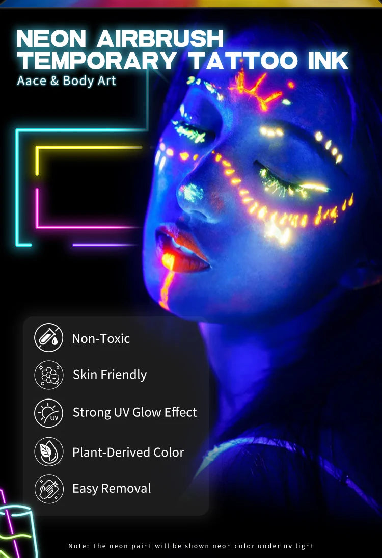UV Airbrush Tattoo Ink 15ml Fluorescent Body Paint for Festival Waterproof Temporary Tattoo Last 3–7 Days Skin Safe Easy Removal