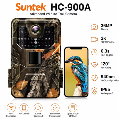 36MP 2.7K Trail Camera Wireless Night Vision Photo Trap 940nm Low Glow Infrared Hunting Cam HC900A for Wildlife Surveillance