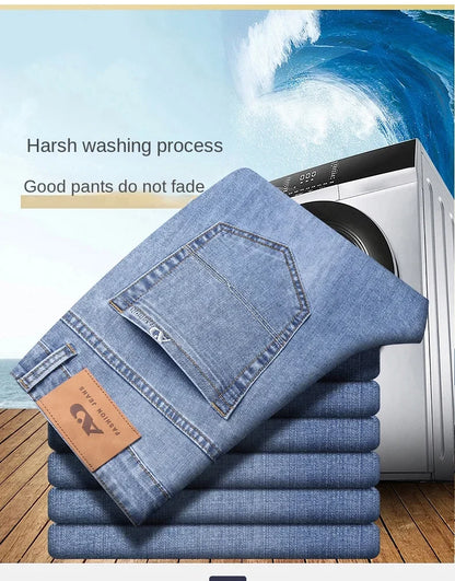 Spring and Summer Thin Men's Light Blue Slim Jeans Stylish Casual Stretch Fabric Denim Pants Classic Trousers Smoke Gray