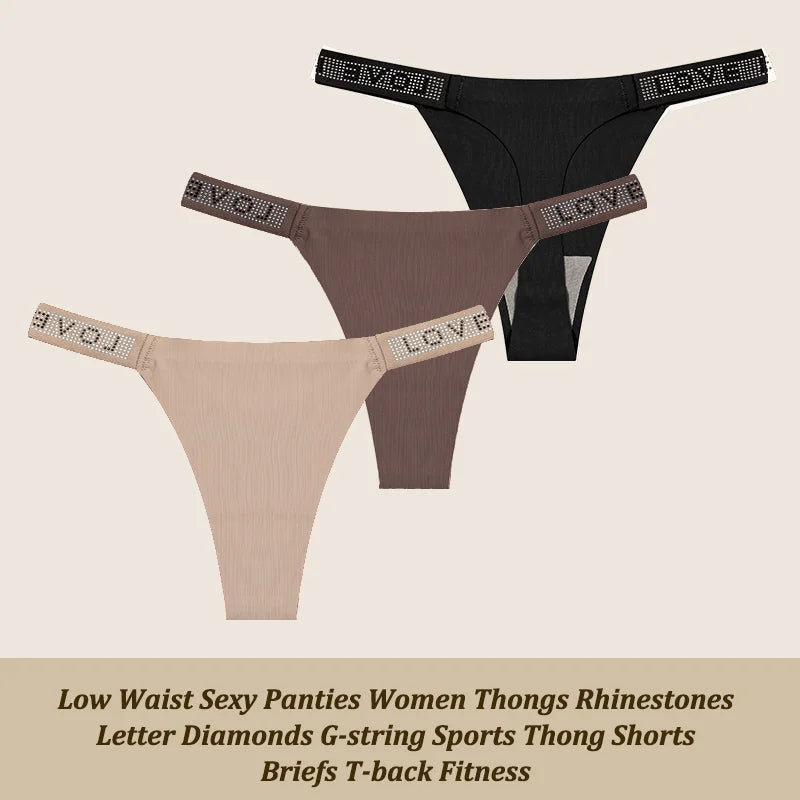 3Pcs/Set Low Waist Sexy Panties Women Thongs Rhinestones Letter Diamonds G-string Sports Thong Shorts Briefs T-back Size XS-XL