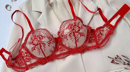 Conjunto Lencería Bordado Floral Transparente Aro Rejilla Copa Fina Sujetador Push Up Estilo Puro Deseo Ropa Interior Mujer S-XL