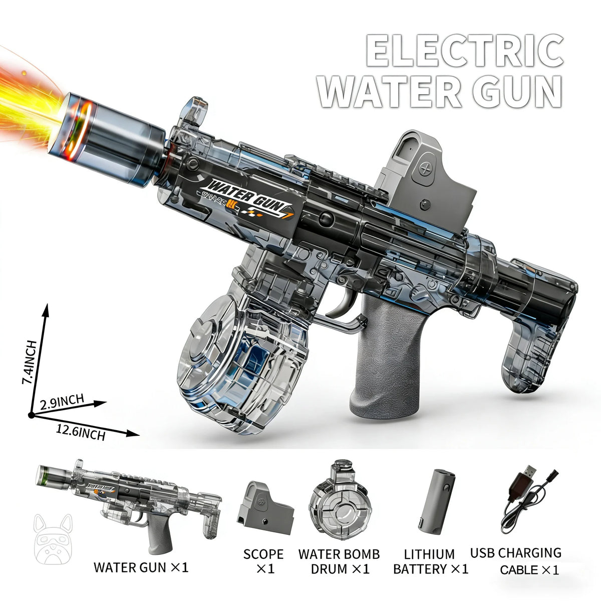 Elektrisk vattenpistol med automatisk sensor och ljus