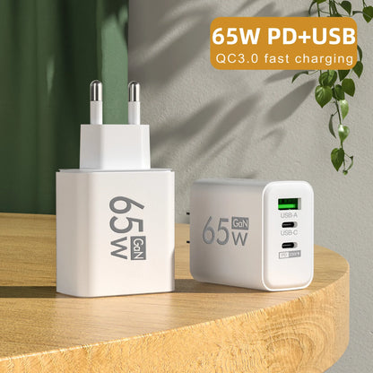 65W GaN-laddare med 3 Portar – USB-C PD och QC 3.0, Kompatibel med iPhone, Samsung och Xiaomi