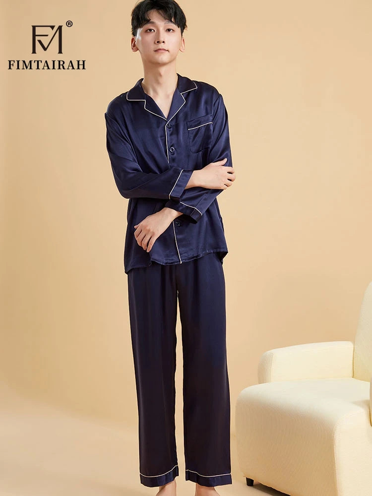 Fimtairah Real 19MM 100% Mulberry Silk Pajamas Men's Autumn  Hangzhou Solid Color heavy Silk Home Wear Men's