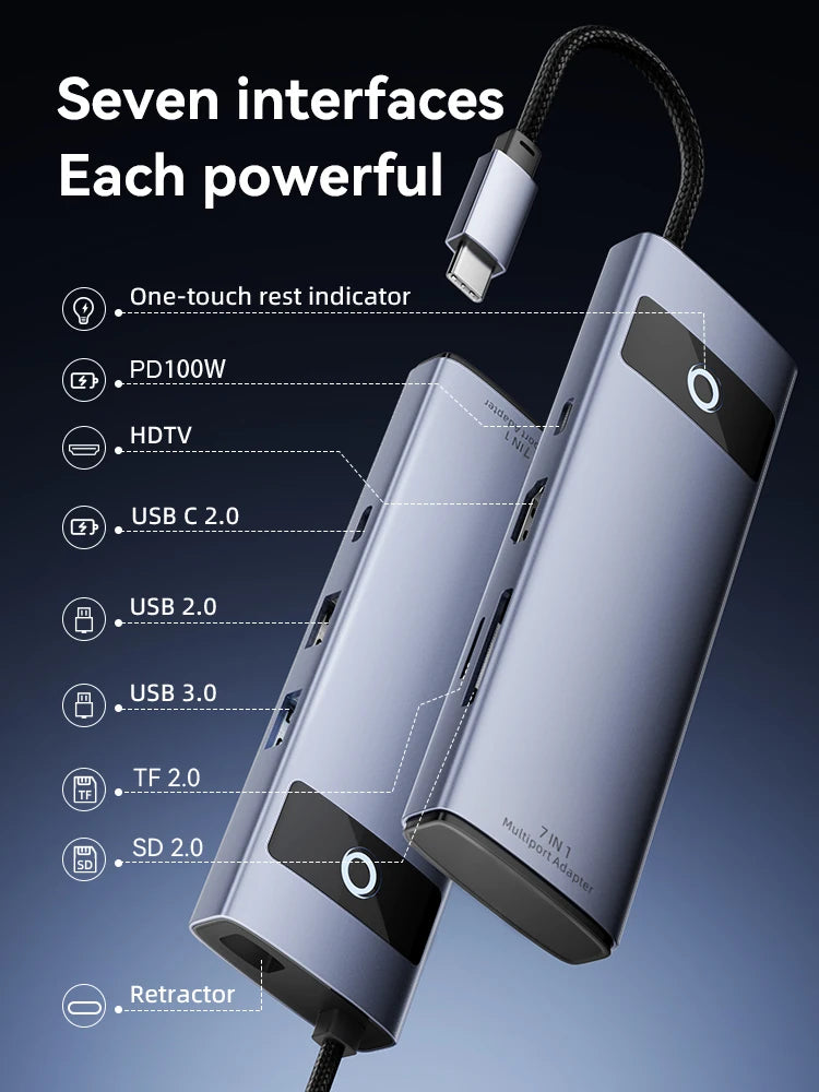8-in-1 USB C Hub Adapter 4K HDMI PD100W USB 3.0 Gigabit Ethernet Line For Meetings Presentations for MacBook iPad Laptops