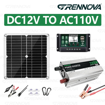 Grennova Solar System Kit with 30W Panel 60A Controller Inverter 2200W Peak (1100W Rated) 12V To 220V 110V for Home Off-Grid RV