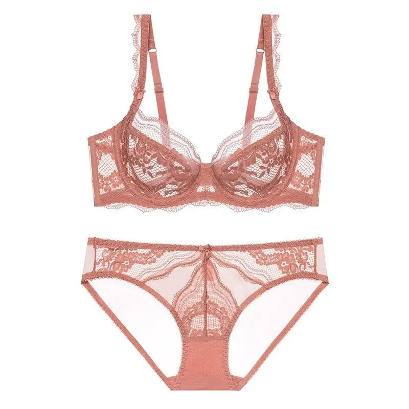 Fashion Ladies Ultra Thin Lace Lingerie Set Victorian Style Soft Underwire Push Up Gather Lift Unpadded Breathable Wear