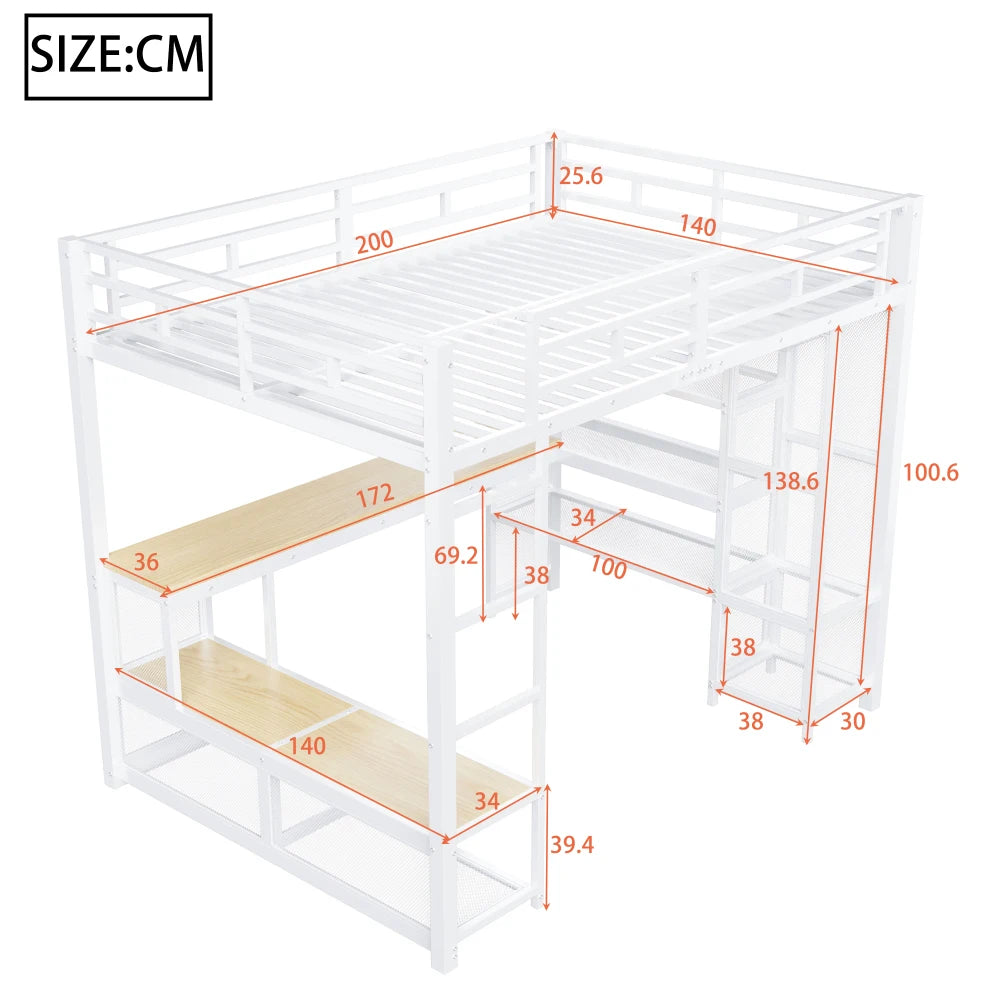 140x200cm Metal High Bed with Storage and Open Wardrobe, Kids Bedroom Bed with USB Connector and LED Lighting, Black/white