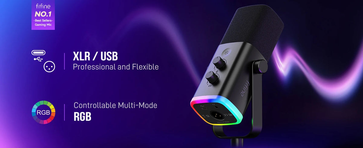 FIFINE USB/XLR dynamisk mikrofon med RGB, hörlursuttag och mute