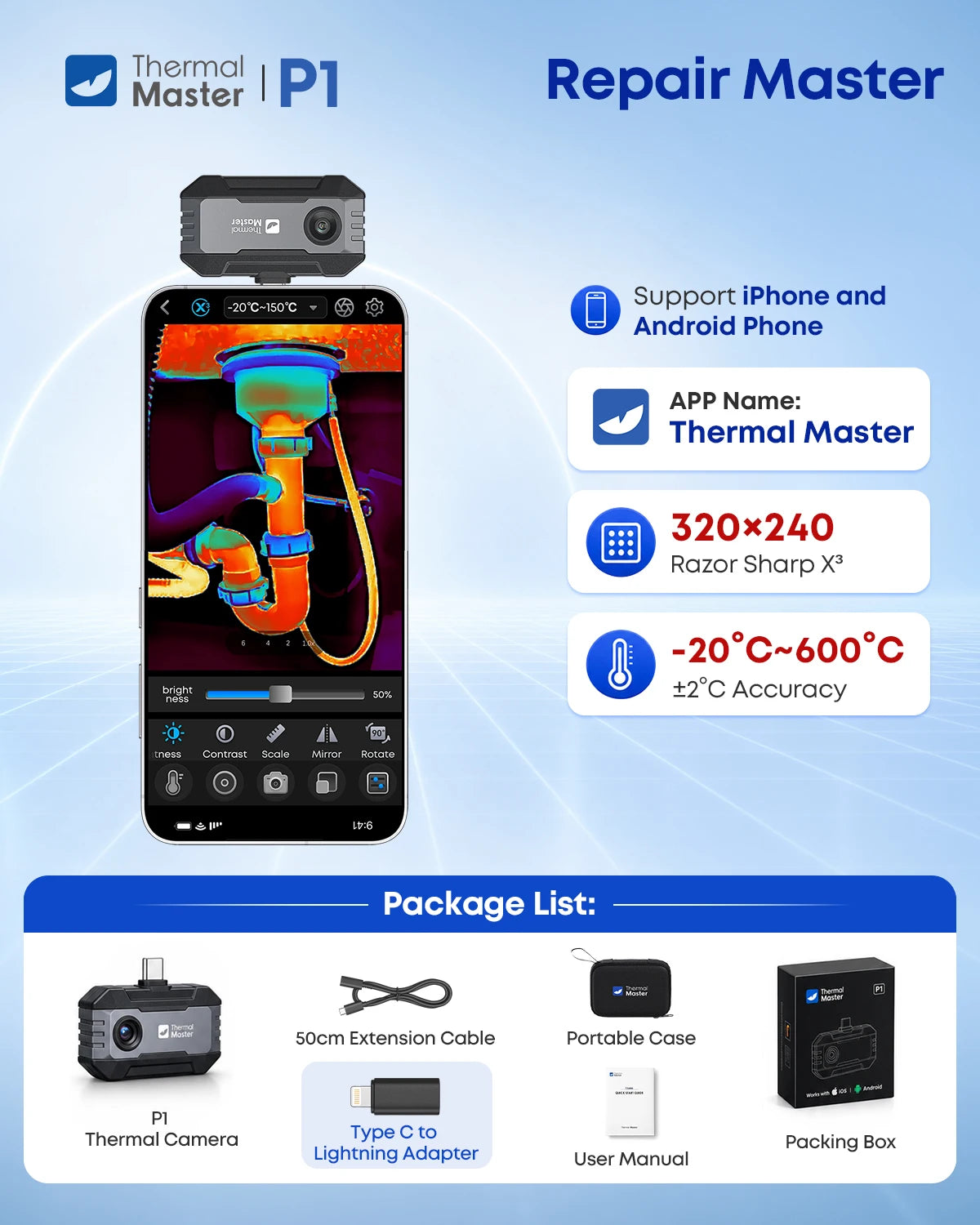 P1 Värmekamera 320x240 X³IR-upplösning för iOS och Android
