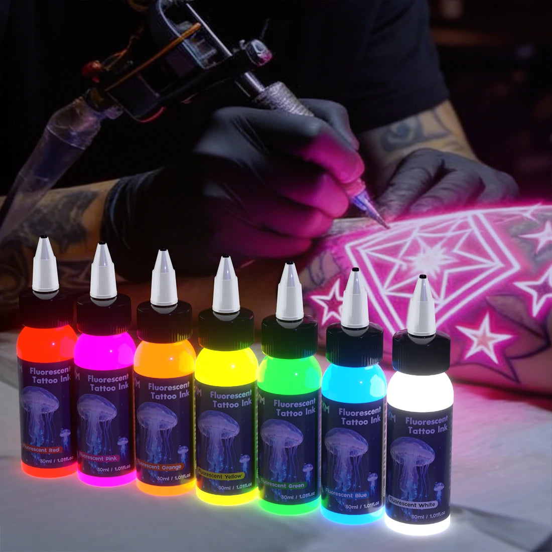 KVM 30ml 7 Color Fluorescent Tattoo Ink Pigment Body Art Ink Equipped with Ultraviolet Light Illumination Lamp Tattoo Supplies