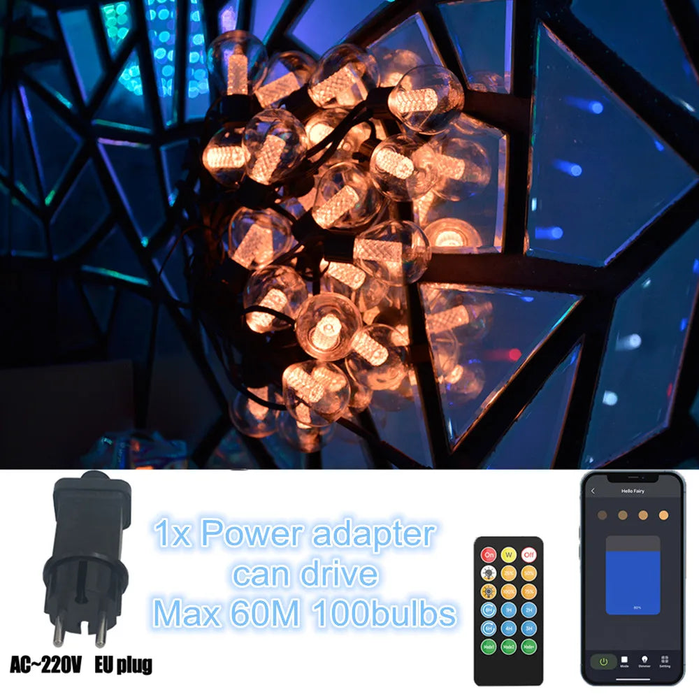 Smart Ljusslinga Utomhus S14/G40 – App, Fjärrkontroll, IP65, DC24V, Varmvit 2000K, EU
