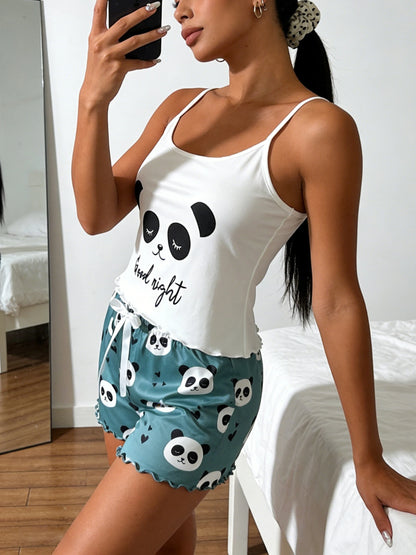 Dam Pyjamas Set – Söt Panda-Print, Linne & Volangshorts Sommar S–1XL