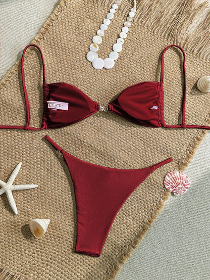 Sexy Solid Color Swimsuit Women' Swimwear 2026 New Bandeau Bikinis Rings Bikini Bandage Beachwear Two Piece Bathing Suit