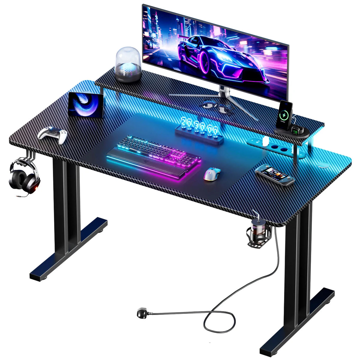120/140/160CM Gaming Desk with LED Lights & Power Outlet, Ergonomic Carbon Fiber Computer Gamer Desk with Dual Monitor Stand,  Cup Holder & Headphone Hook, Home Office Gaming Table