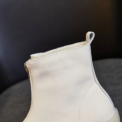 ZXRYXGS British Style Front Zipper Genuine Leather Boots Flat Sneakers 2026 Temperament Trend Autumn Winter Boots Black White