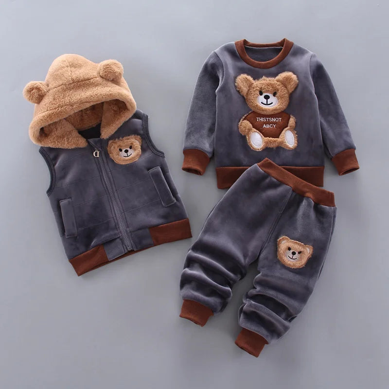 Winter Baby Clothing Sets Autumn Boys Girls Thick Warm Suits Hooded Sweater Cartoon Cute Bear Three-Piece kids Outfits 0-4 Years